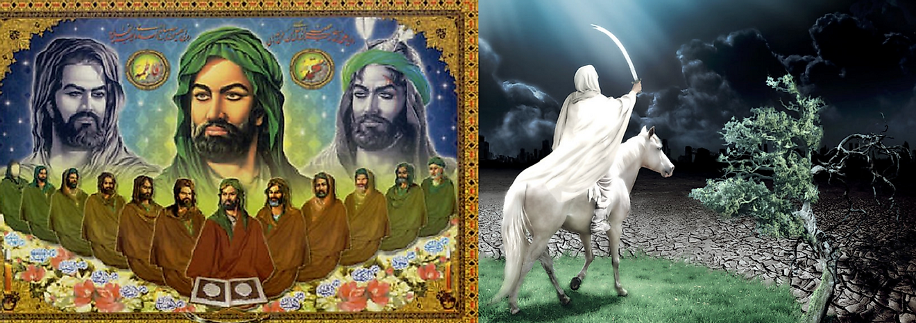 Depiction of the Twelve Imams seated together (left) and the Mahdi's triumphant return (right).