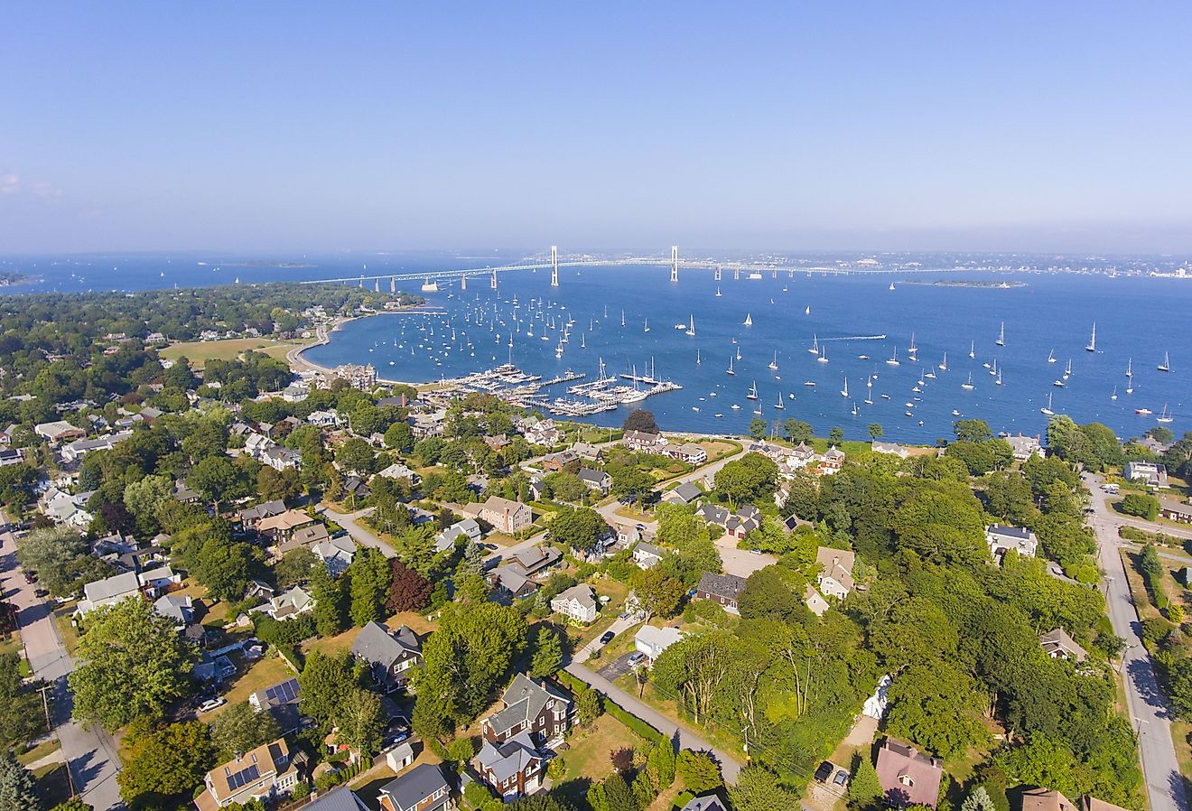 Aerial view of Claiborne Pell Newport Bridge on Narragansett Bay and town of Jamestown, Rhode Island.