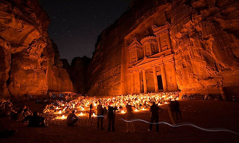 A nightime view of Petra in Jordan.