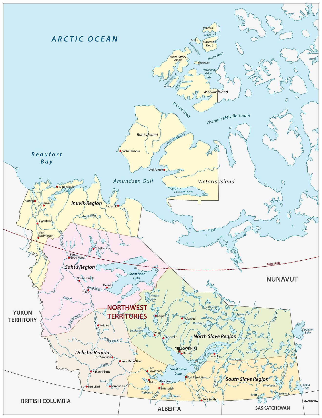 Administrative Map of Northwest Territories showing its administrative regions and the capital city - Yellowknife