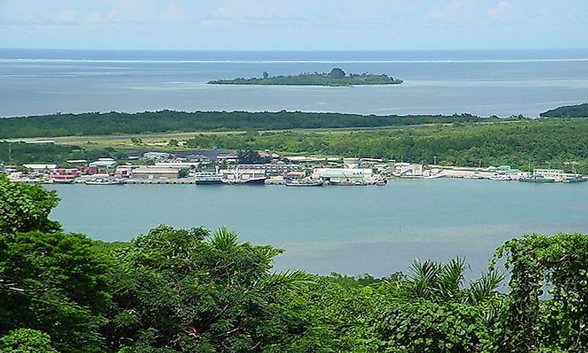 The Pohnpei International Airport Runway and Pohnpei Seaport in Micronesia, as viewed from Sokehs Ridge
