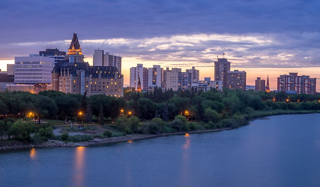 The city of Saskatoon on the Saskatchewan River.