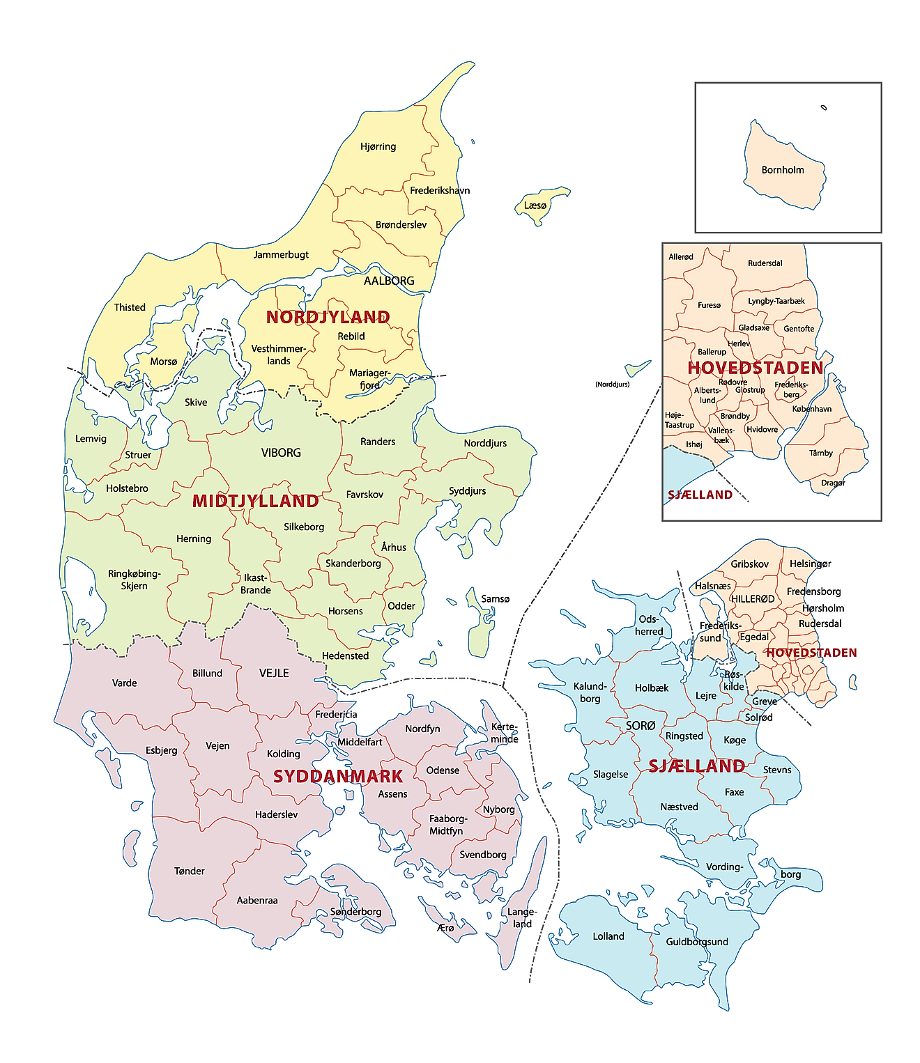 Political Map of Denmark showing its 5 regions and the capital city of Copenhagen