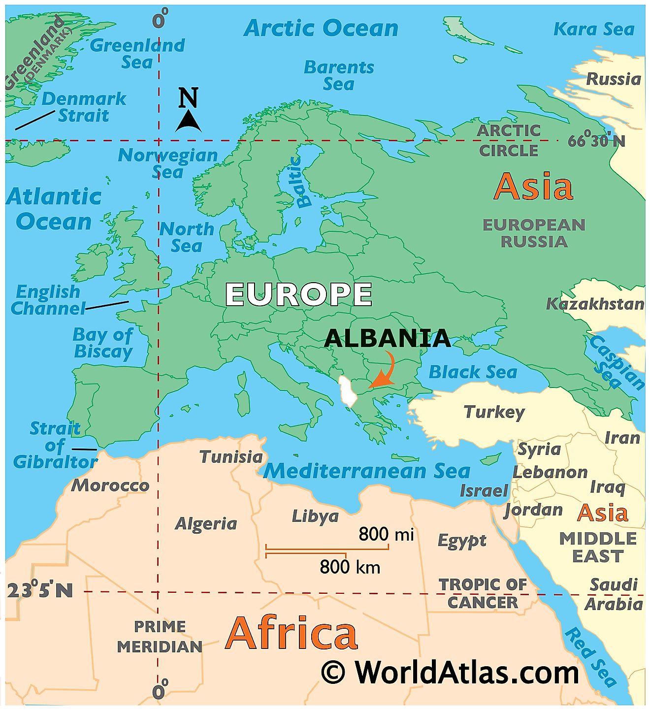 Map showing location of Albania in the world.