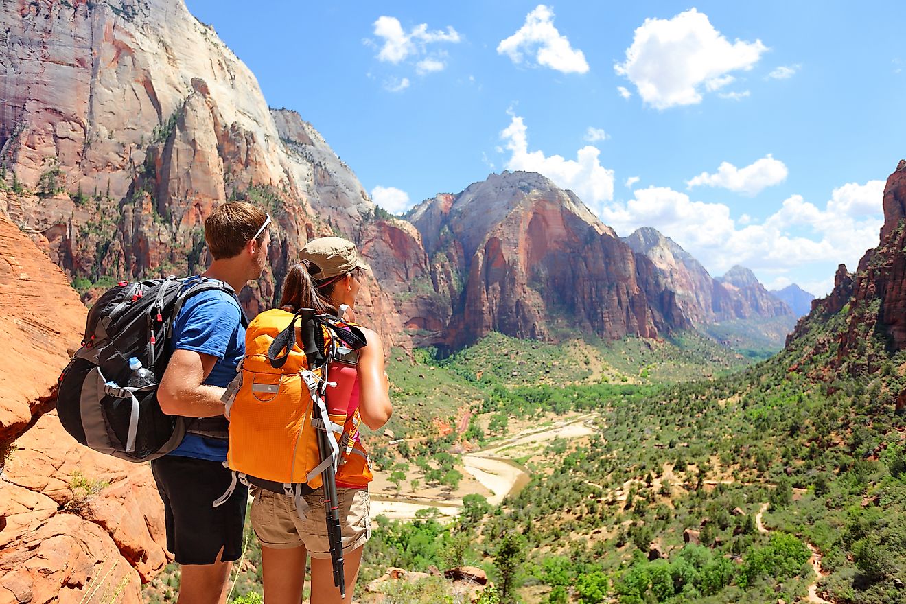 Tourists enjoying the spectacular view of the landscape at the Zion National Park