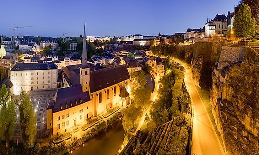 The nighttime view of the Old City of Luxembourg.