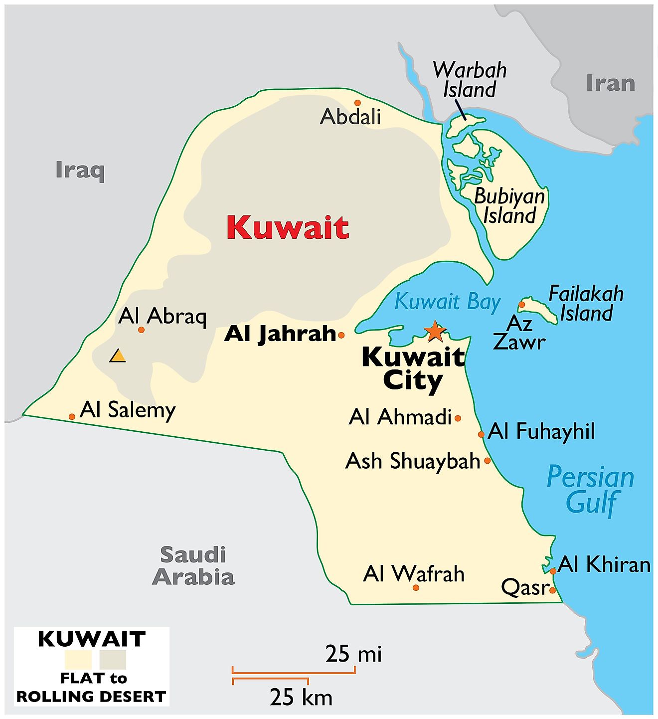 Physical Map of Kuwait showing international borders, relief, highest point, important cities and islands.