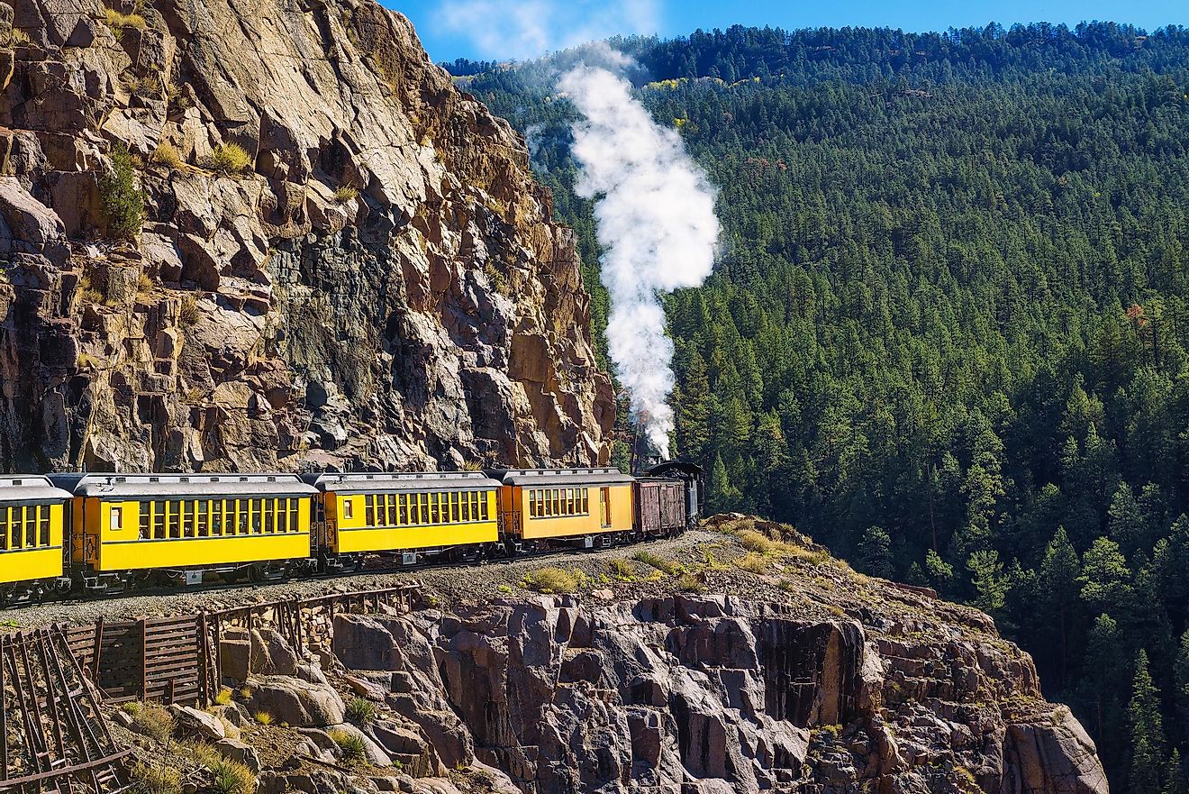 Steam engine train journey from Durango to Silverton through the San Juan Mountains, Colorado, USA.