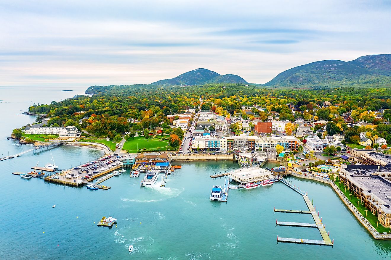 Aerial view of picturesque Bar Harbor, Maine, a charming town on Mount Desert Island in Hancock County.