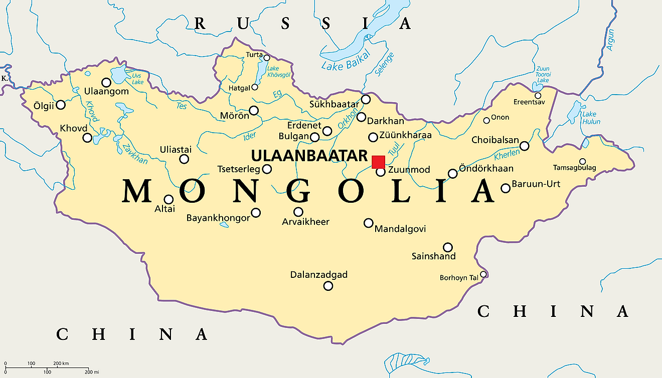 Map of Mongolia with bordering countries.