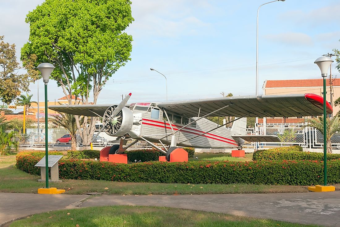 Jimmie Angel's aircraft on exhibit in front of the Ciudad Bolivar Airport in Venezuela. Angel became a hero in both the US and Venezuela.