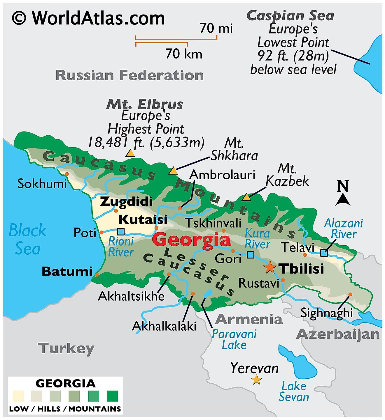 Physical Map of the Georgia showing terrain, mountain ranges, highest peaks, major rivers, important cities, international boundaries, etc.