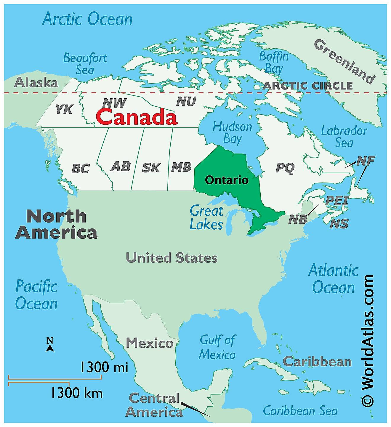 Map showing location of Ontario in the world.