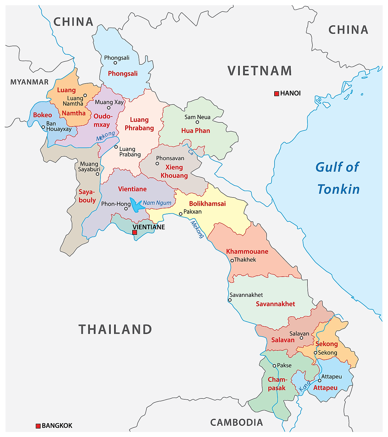 Location Map of Laos showing the 17 provinces, their capitals, and the national capital of Vientiane.
