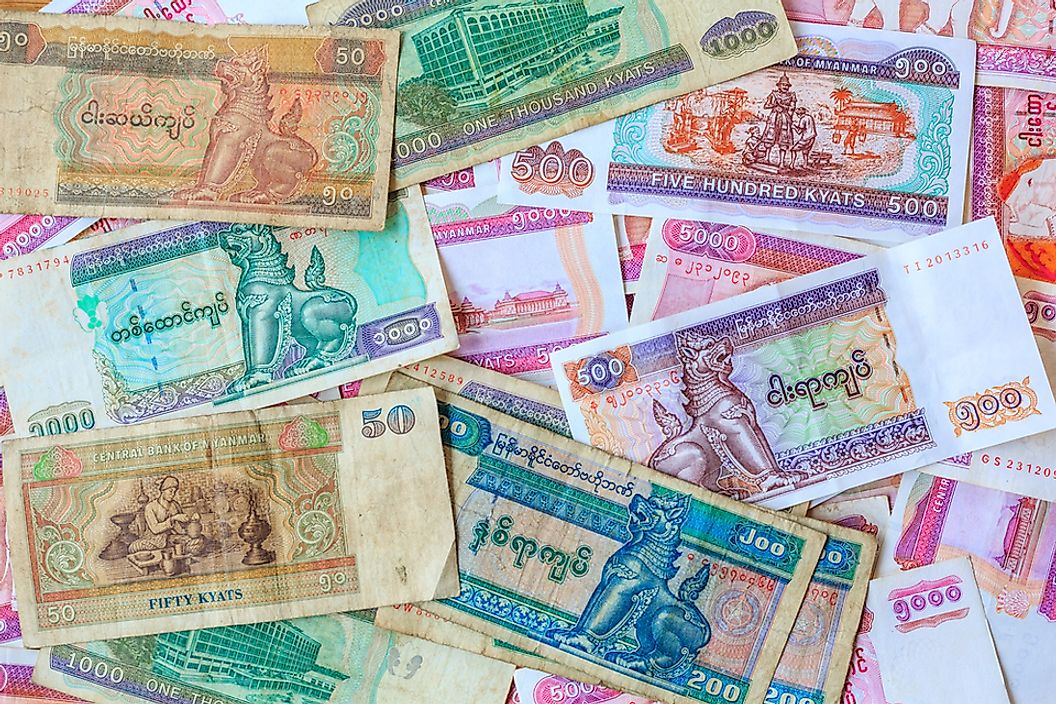 Assorted Burmese kyat banknotes.