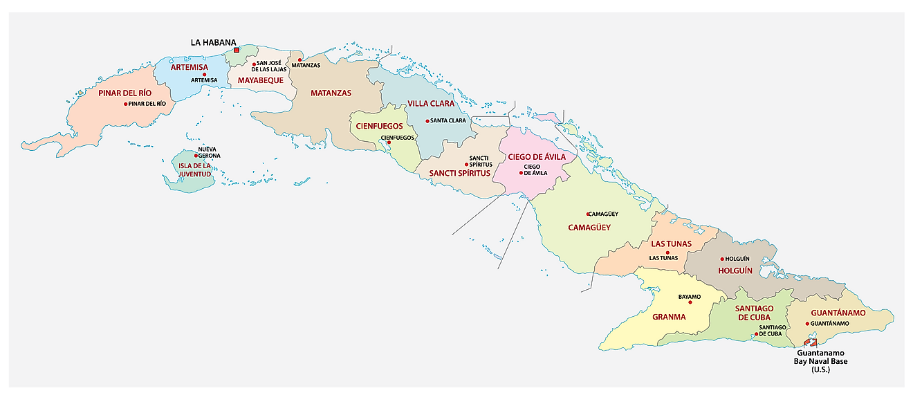 Political Map of Cuba showing its 15 provinces and 1 special municipality and the capital city of Havana.