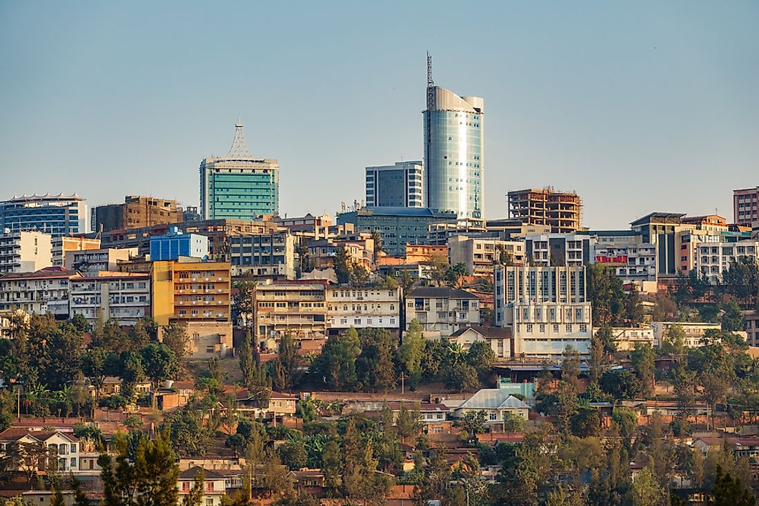 The skyline of downtown Kigali, Rwanda. 