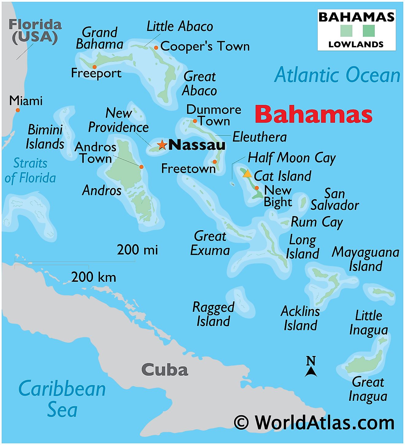 Physical Map of The Bahamas showing islands, important settlements, surrounding water features, and more.