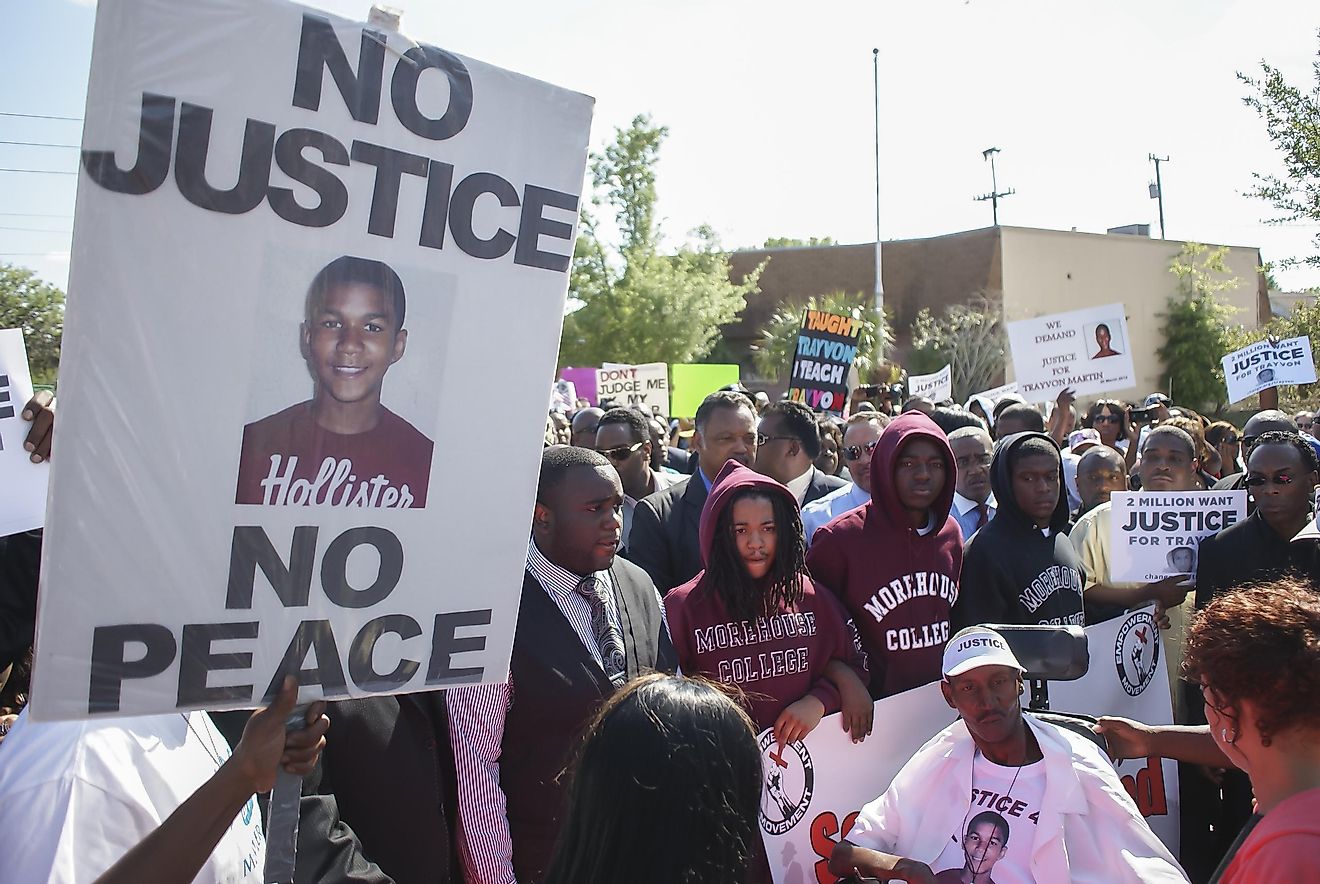Protesters march in support of Trayvon Martin on March 26, 2012 in Sanford Florida. Trayvon Martin was shot and killed by George Zimmerman on February 26 2012, he was 17. Image credit: Ira Bostic / Shutterstock.com 