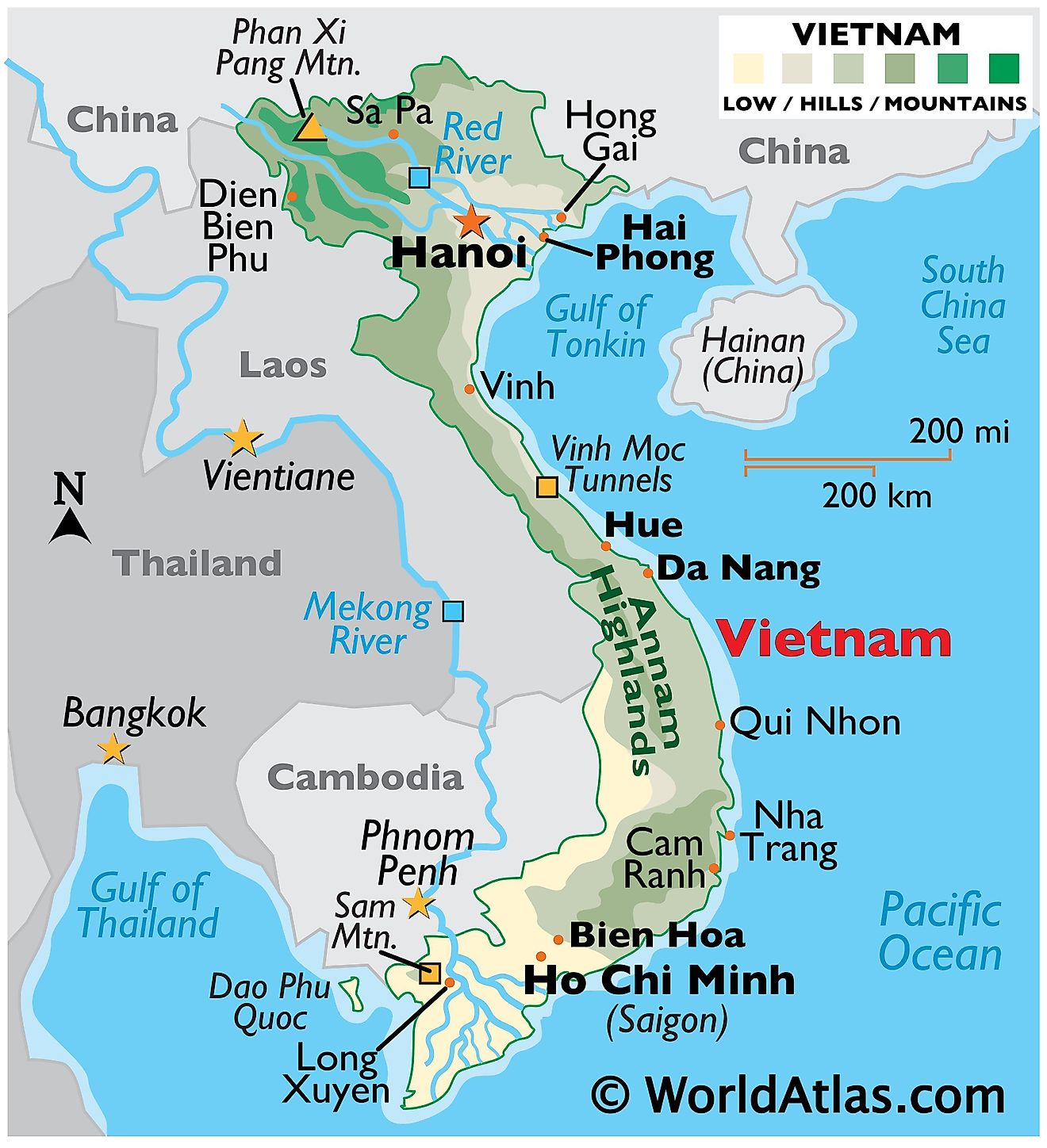 Physical Map of Vietnam with state boundaries, major rivers, highland areas, highest peak, important cities, and more.