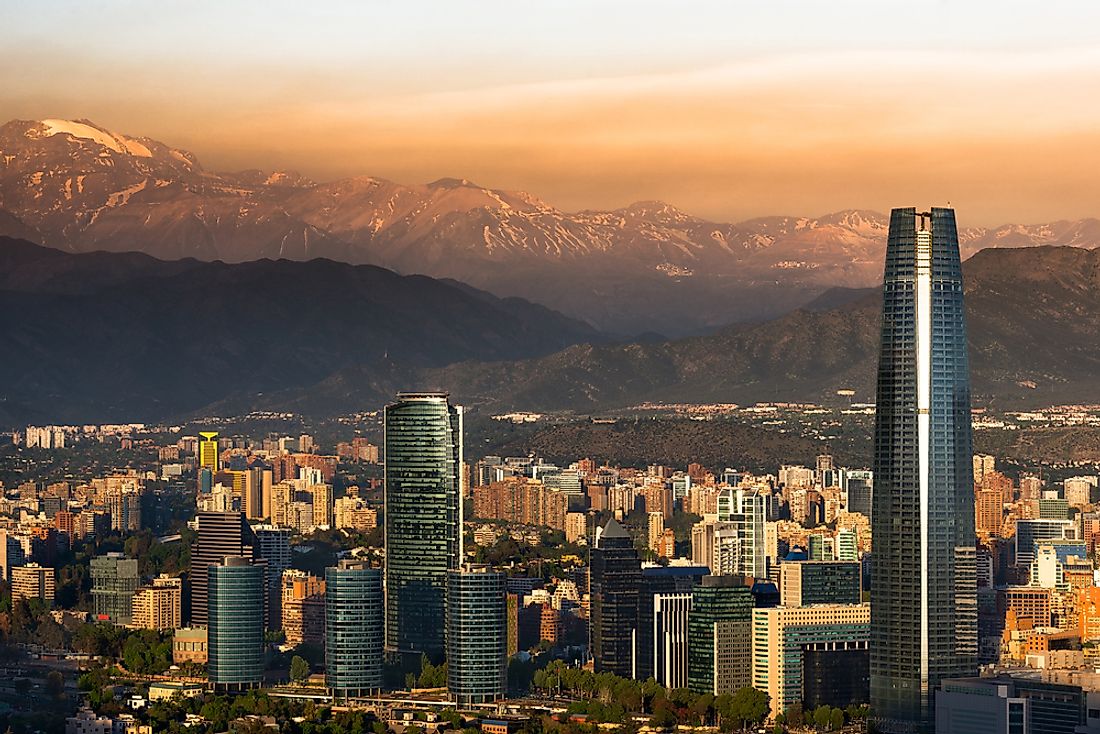 The Gran Torre, in Santiago, Chile, towers over the skyline. 