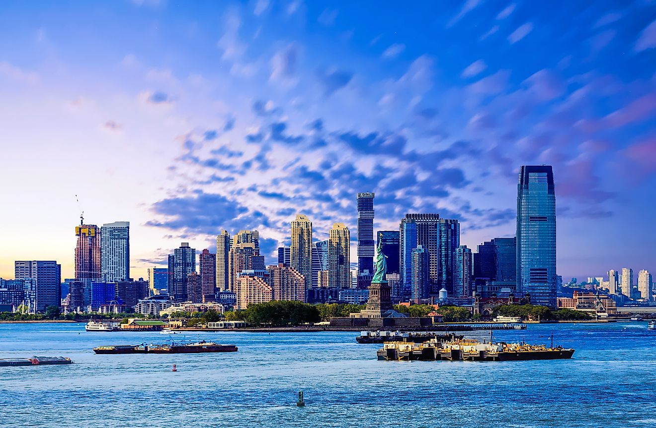 The skyline of Jersey City, New Jersey from New York Harbor.