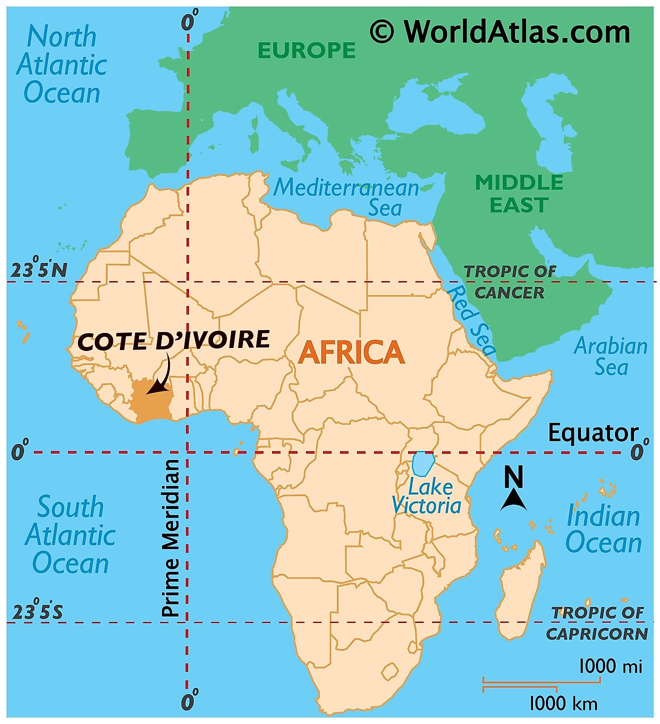 Map showing location of Cote d'Ivoire in the world.