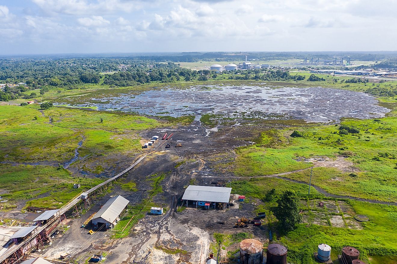 Pitch Lake, the liquid asphalt lake, the largest natural deposit of bitumen in the world. La Brea, Trinidad island, Trinidad and Tobago.