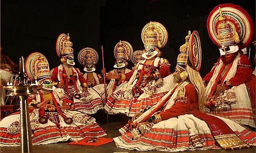 A unique dance form of India, Kathakali involves elaborate costumes and face mask wearing actor-dancers, who have traditionally been all males.