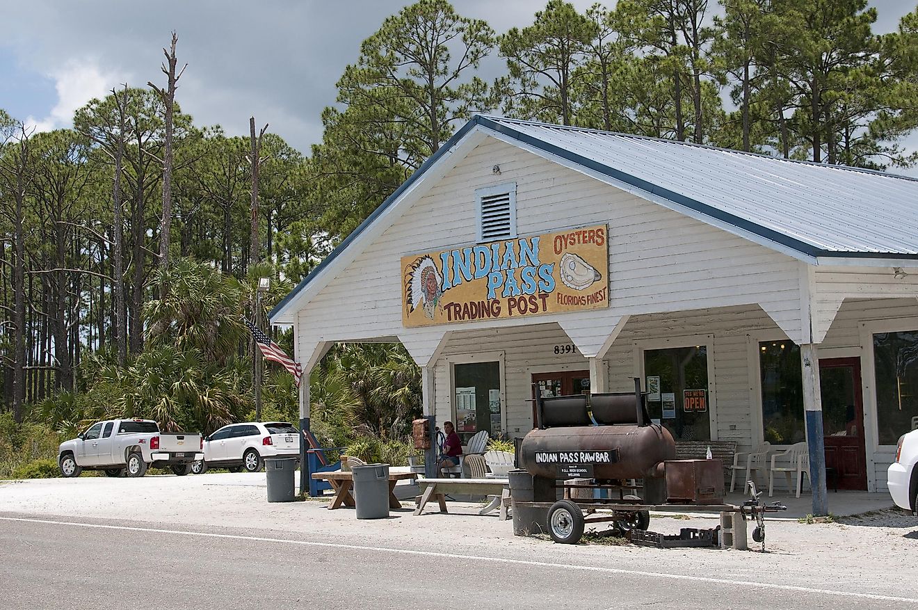 An exterior view of the Indian Pass Trading Post famous for it's oysters near Apalachicola Florida