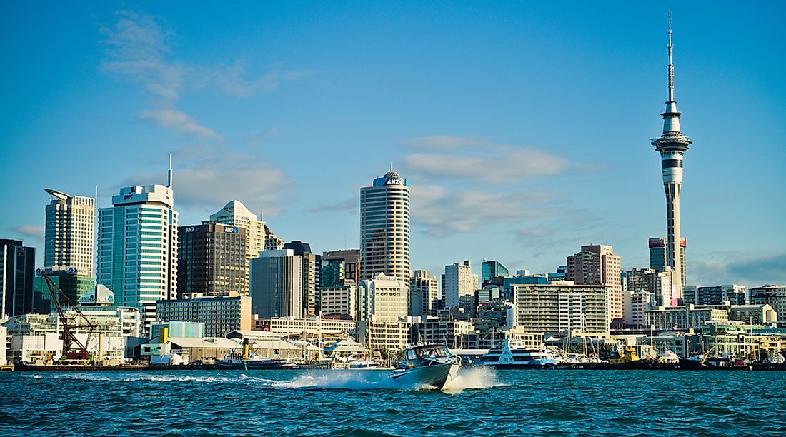 The skyline of Auckland, New Zealand with the Sky Tower in view. 