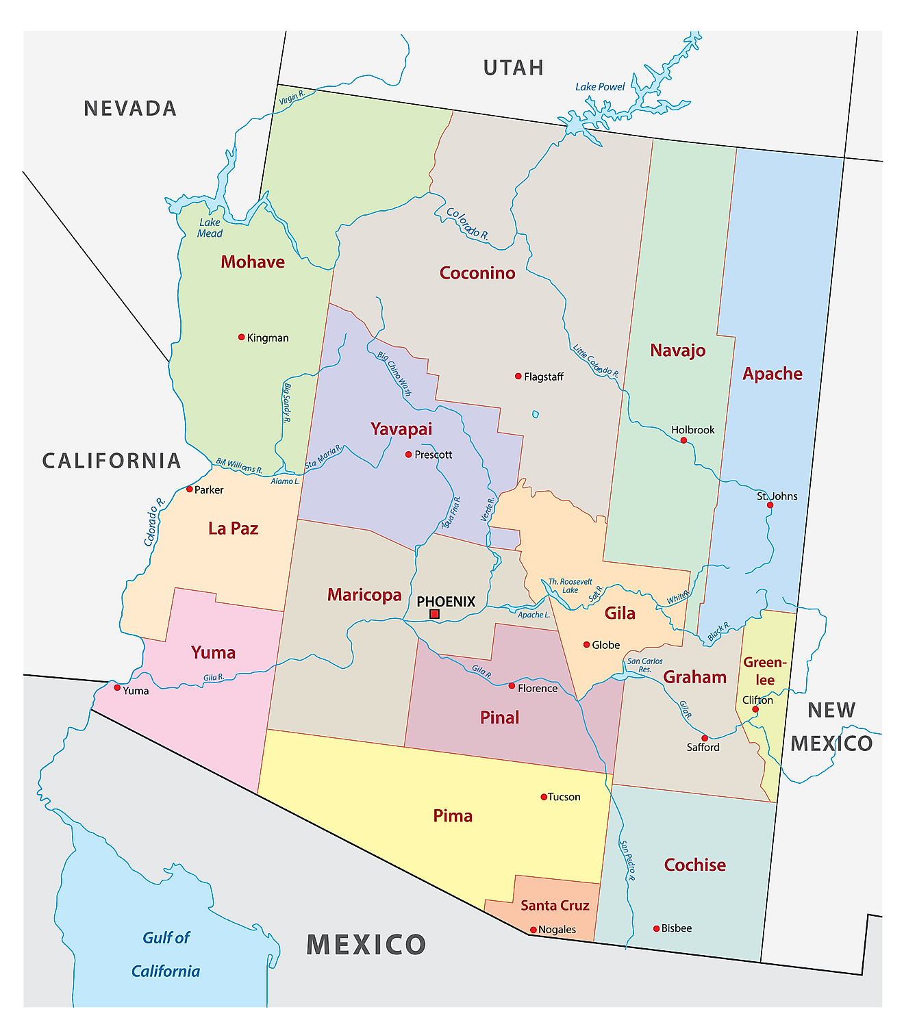 Administrative Map of Arizona showing its 15 counties and capital city - Phoenix