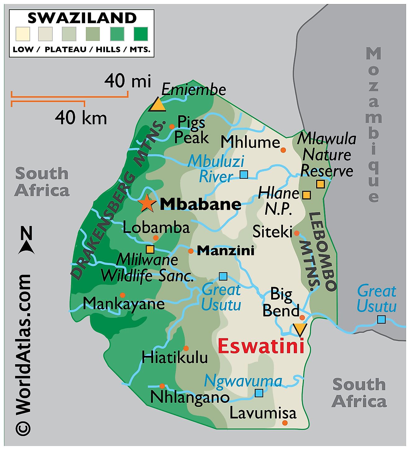 Physical Map of the Eswatini With State Boundaries. It shows the major physical features of Eswatini including mountain ranges, rivers, and lakes.
