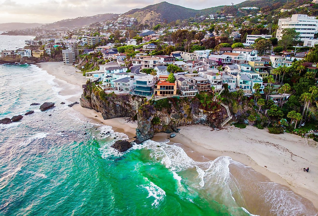 Aerial view of luxury buildings at the coast of Laguna Beach, California.