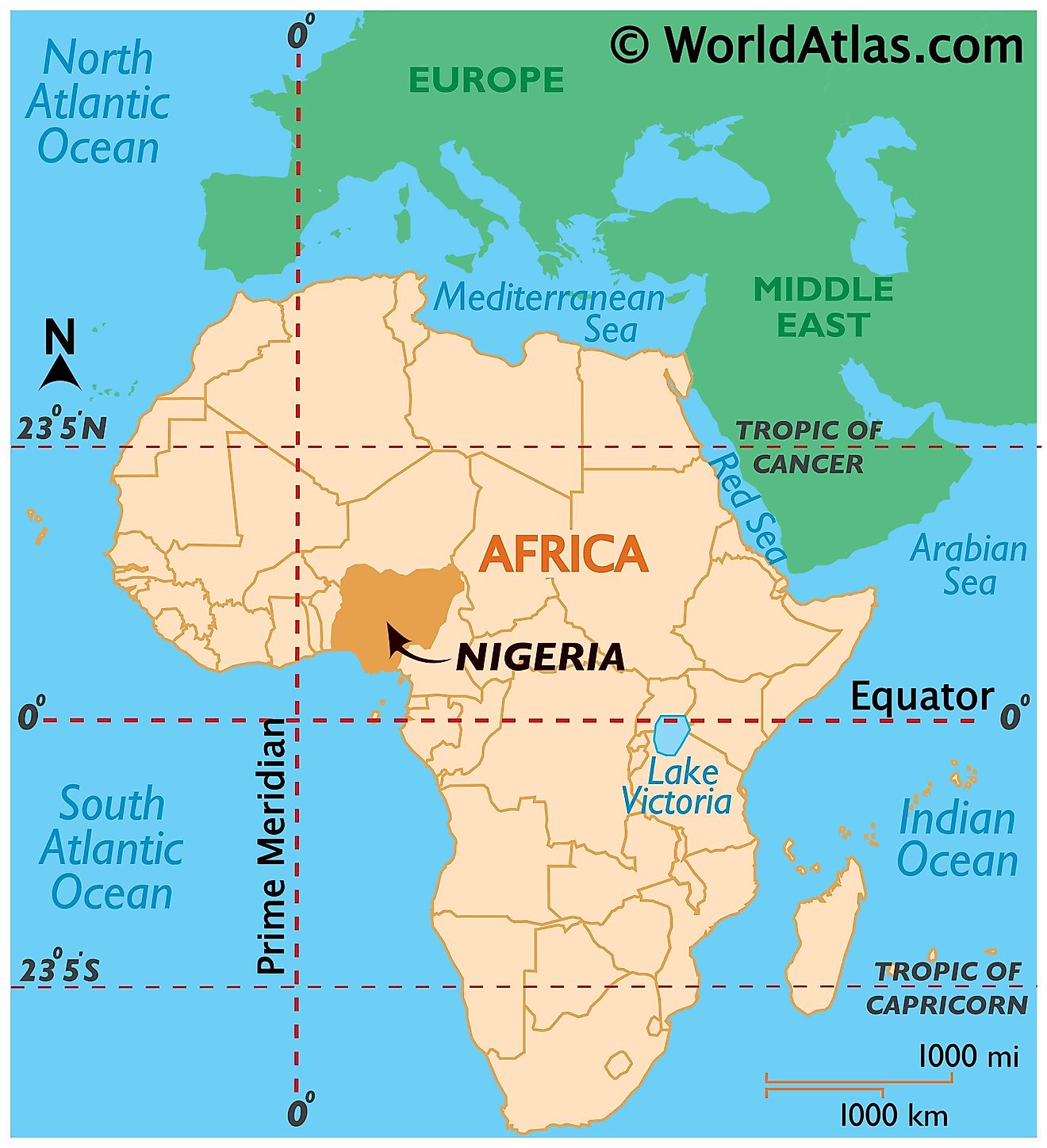 Map showing location of Nigeria in the world.