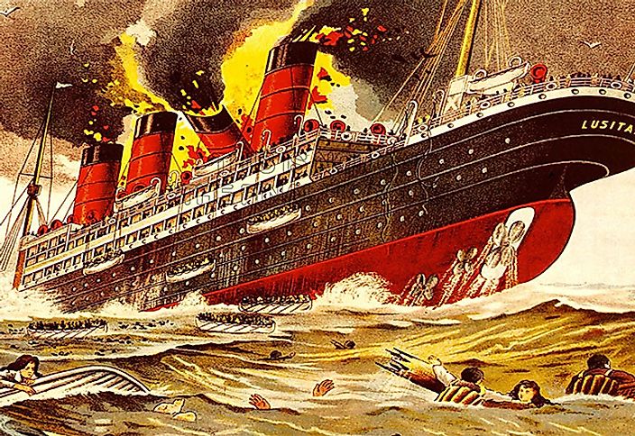 A propoganda poster using the sinking of the Lusitania to enlist Irishmen to the War Effort