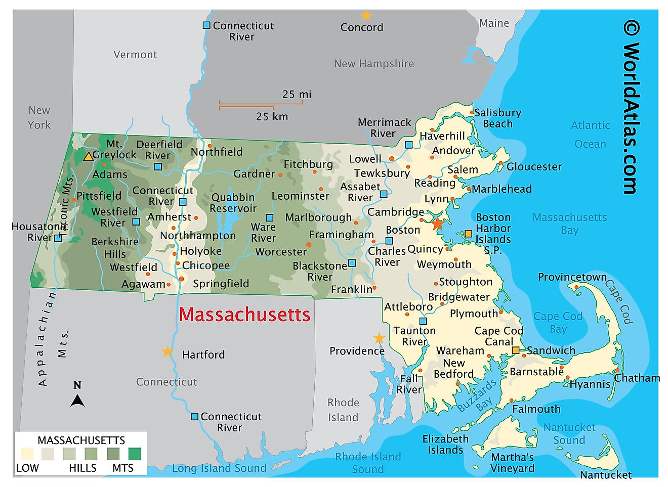 Physical Map of Massachusetts. It shows the physical features of Massachusetts including its mountain ranges, major rivers and lakes. 