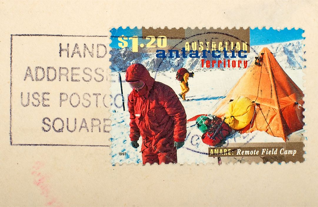 A postage stamp highlighting the field research conducted in the Australian Antarctic Territory.
