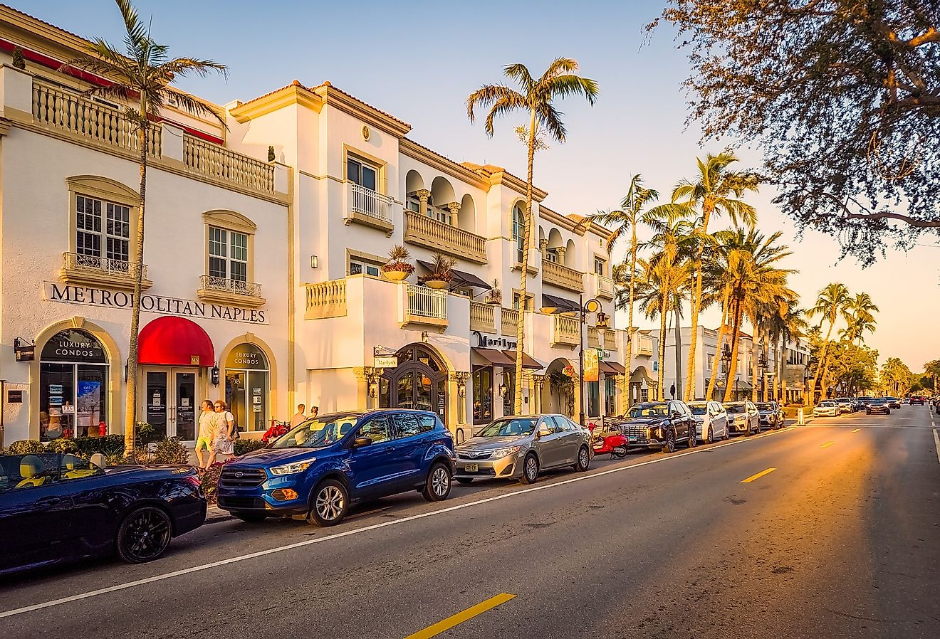 View of 5th avenue at sunset in Naples, Florida. Image credit Mihai_Andritoiu via Shutterstock