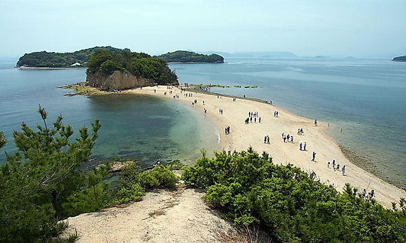 The Angel Road of Shōdo Island, Tonosho, Kagawa prefecture, Japan is an example of a notable tombolo.