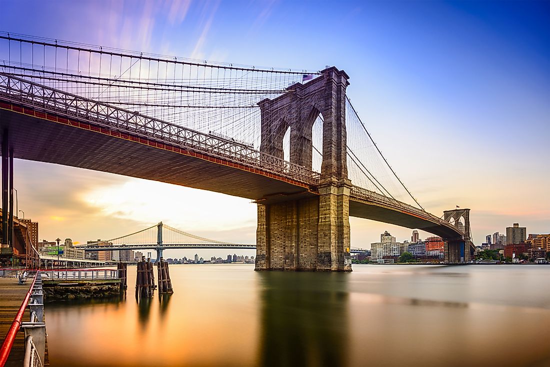 The Brooklyn Bridge connects Manhattan and Brooklyn in New York City, USA.