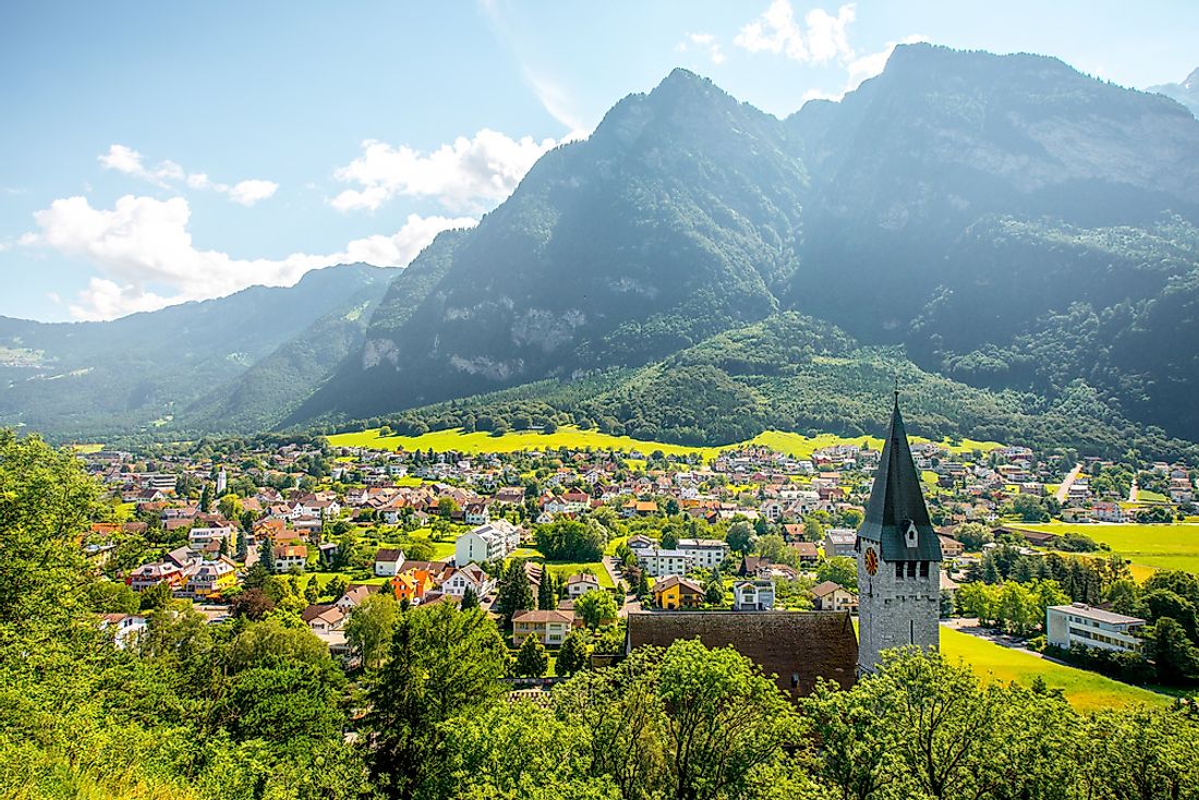 The village of Balzers in Liechtenstein, with the Saint Nicholas Church. 