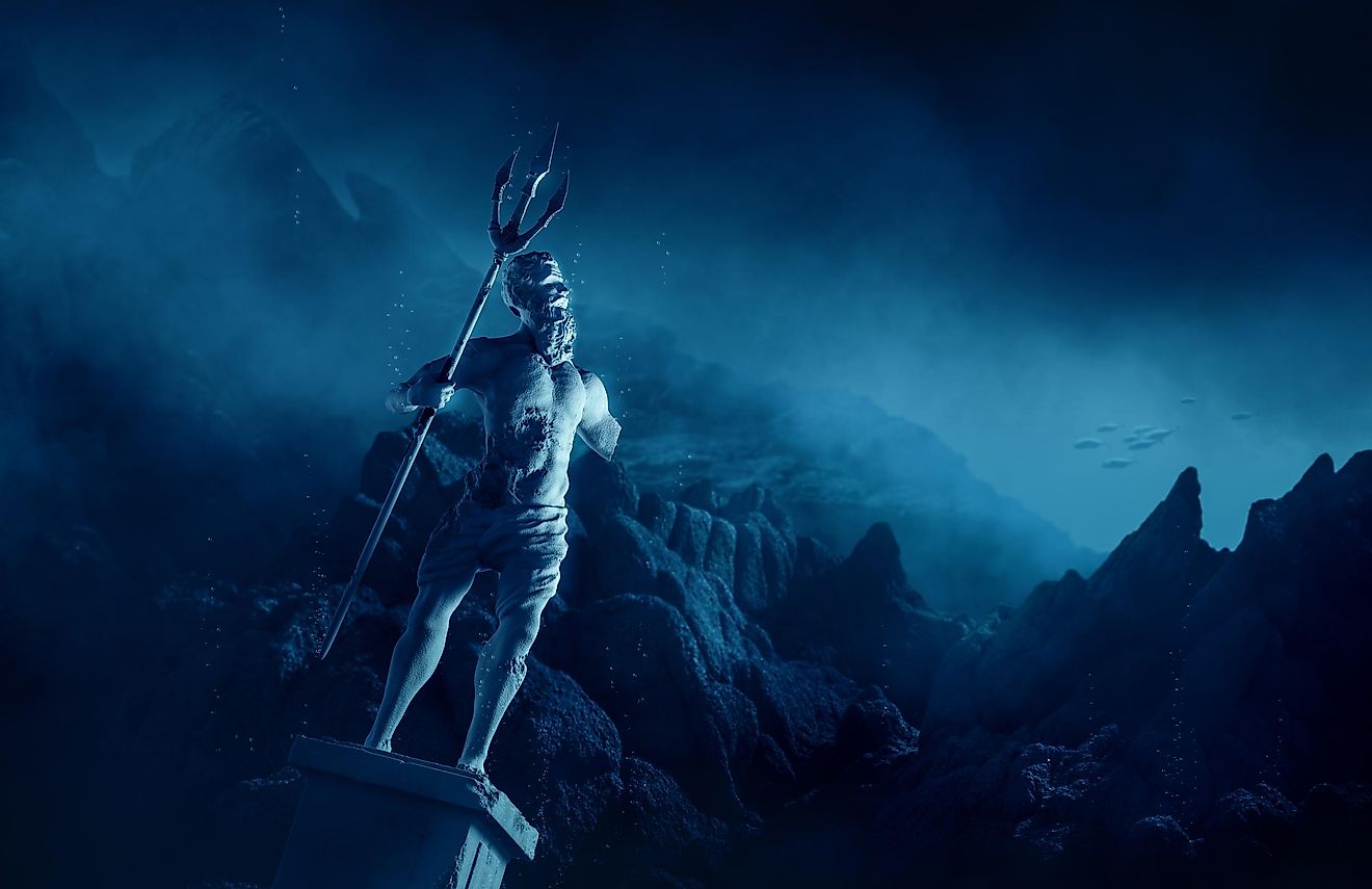 3D illustration of Poseidon's statue, based on the legend of the lost city of Atlantis. Image credit: Fer Gregory/Shutterstock