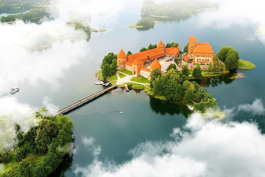 An aerial view of the old castle found in Trakai, Lithuania. 