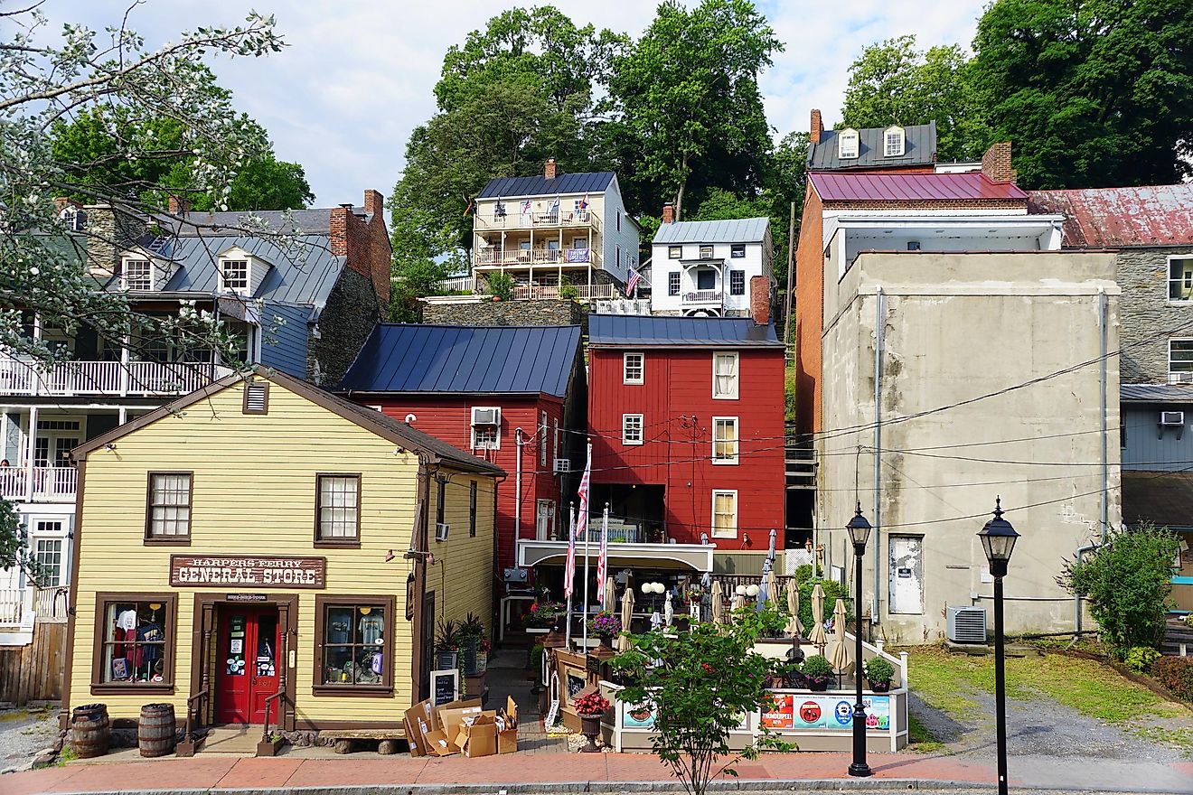 Harpers Ferry, West Virginia, U.S.A - August 22, 2021 - The view of the residential and commercial buildings on the main road