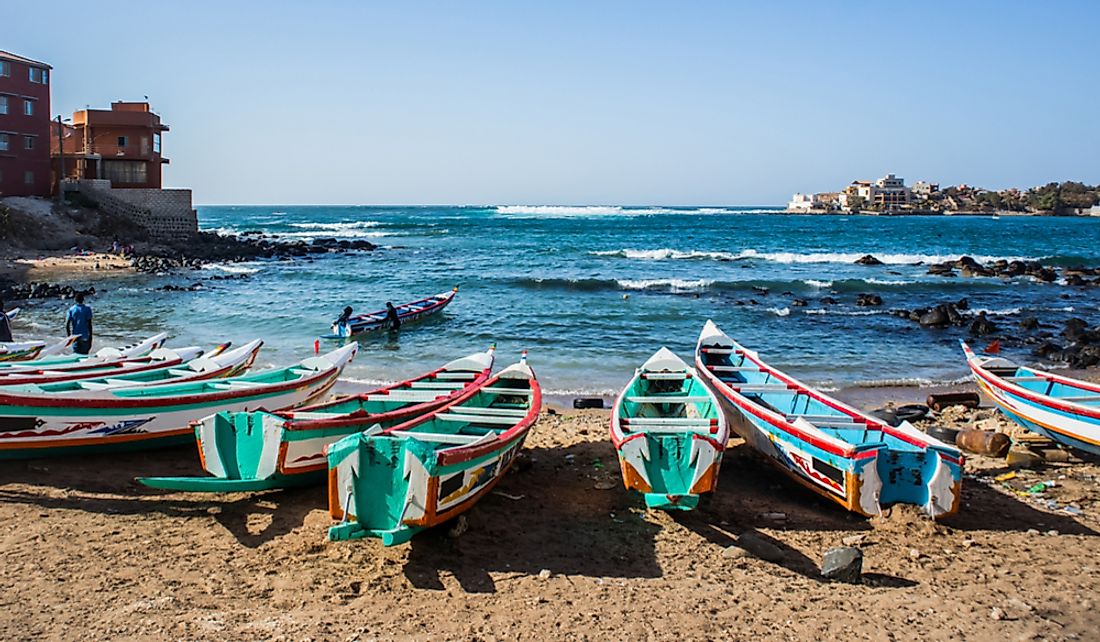 Colorful fishing boats on the Bay of Ngor in Dakar, Senegal.