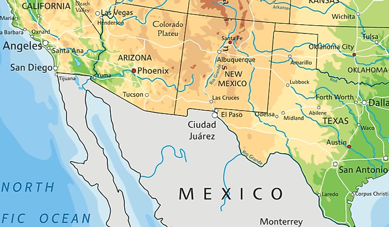 The US and Mexico border delineated. 