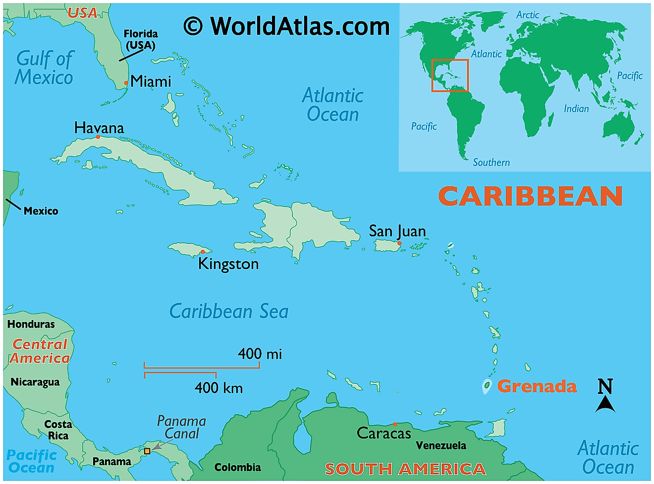 Map showing location of Grenada in the world.