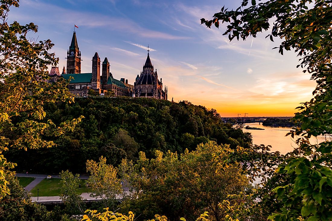 A view of the Parliament of Canada and the Ottawa River. 