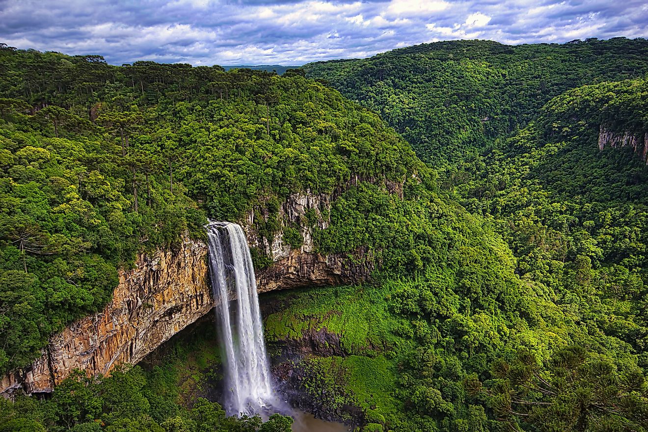 View of Caracol waterfall, a plunge waterfall,  in Canela City, Rio Grande do Sul, Brazil. Image credit: Paulo Nabas/Shutterstock.com